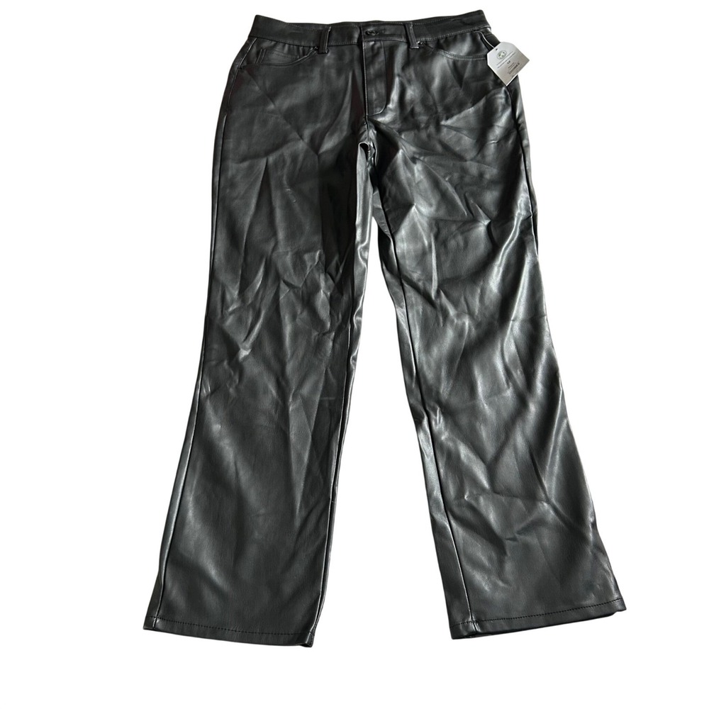 Time And Tru Black Leather High Rise Straight Regular Pants Womens Size 12